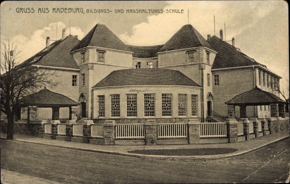 Postcard Radeburg in Saxony, education and home economics school