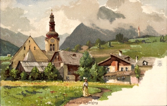 Artist Chromo-Litho Schmohl, P., Sterzing South Tyrol Italy, view of the parish church