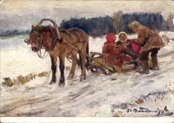 Artist Postcard sleigh team, horse, winter, snow