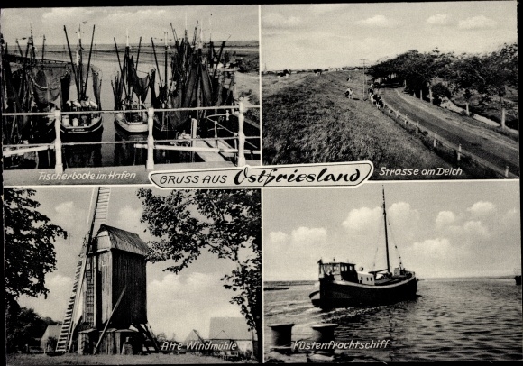 Postcard Esens in Ostfriesland, street, dyke, windmill, art cargo ship