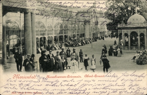 Postcard Mariánské Lázně Marienbad Region Karlovy Vary, Kreuzbomen Colonnade, Evening Concert, People, Pav
