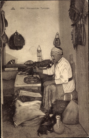 Postcard Maroquinier Tunisien, leather goods manufacturer