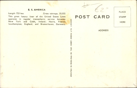 Kunstenaar Briefkaart Dampfschiff SS Amerika, USL