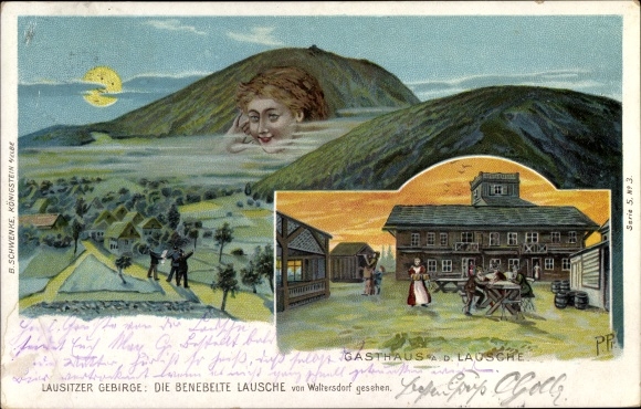 Maanlicht Litho Waltersdorf Großschönau Oberlausitz, De benevelde Lausche, herberg, bergwanden