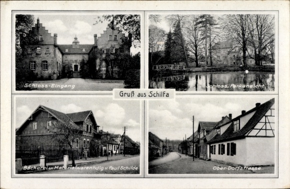 Postcard Schilfa Gangloffsömmern Thuringia, castle entrance, bakery and material goods Paul Schilde