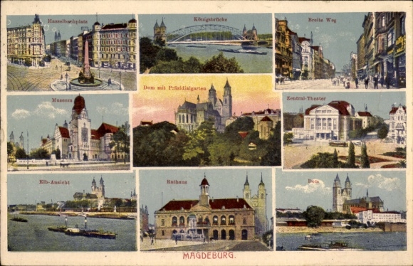 Postcard Magdeburg on the Elbe, Königsbrücke, Breiter Weg, Museum, Cathedral, Central Theater, Town Hall