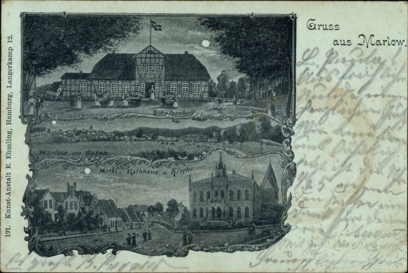 Moonlight Chromo-Litho Marlow in Mecklenburg, Schützenhaus, market, town hall, church