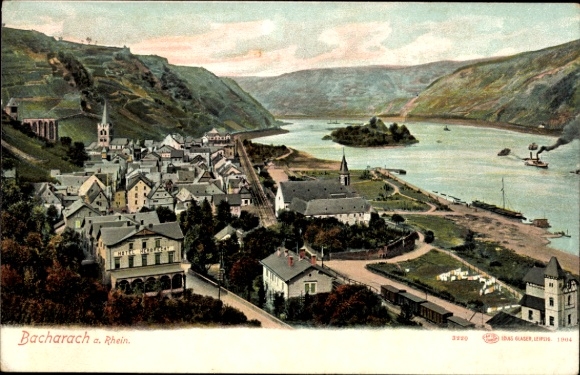 Postcard Bacharach am Rhein, Bacharach am Rhein, river landscape, houses, mountains, ships