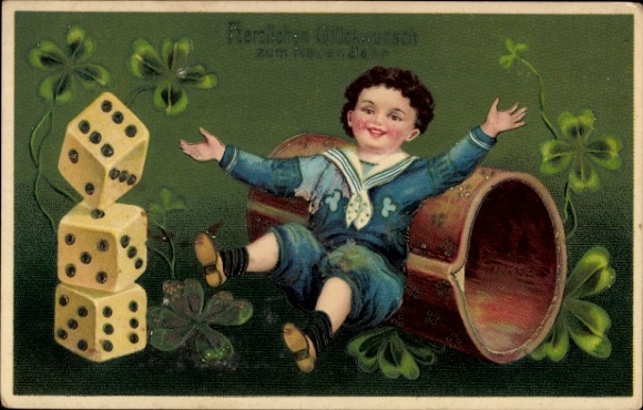 Embossed Postcard Congratulations New Year, clover leaves, boy, dice