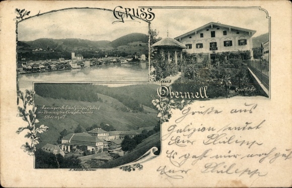 Postcard Obernzell an der Donau Lower Bavaria, view of the river, Schmelzlingel factory, building, greeting a