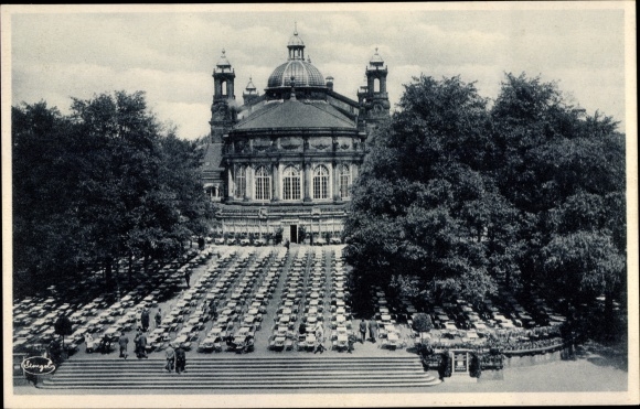 Postcard Dresden Saxony, annual show of German work, restaurant with concert garden
