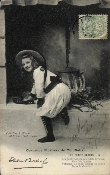 Postcard Les Chansons de Botrel illustrées, Les petits sabots, girls, wooden shoes, fireplace
