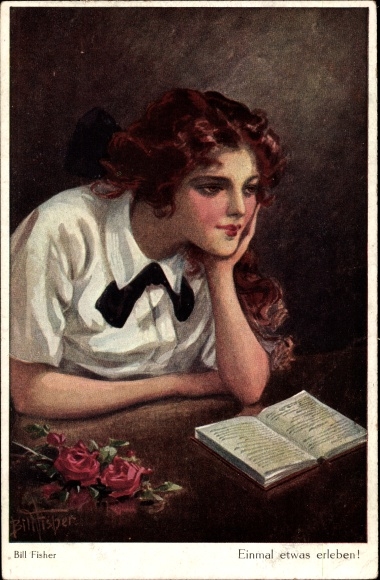 Artist Postcard Fisher, Bill, experience something once, young woman with a book