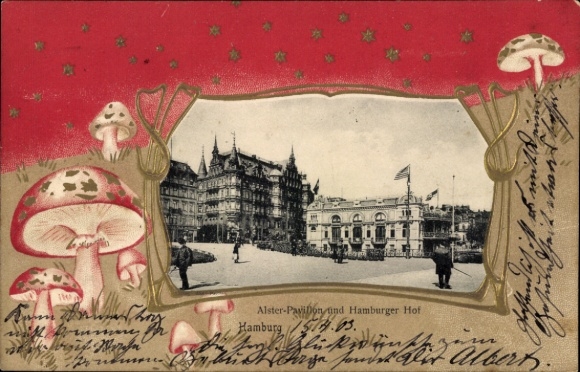 KP z wytłoczonym passepartout Hamburg, Alsterpavillon i Hamburger Hof, muchomory