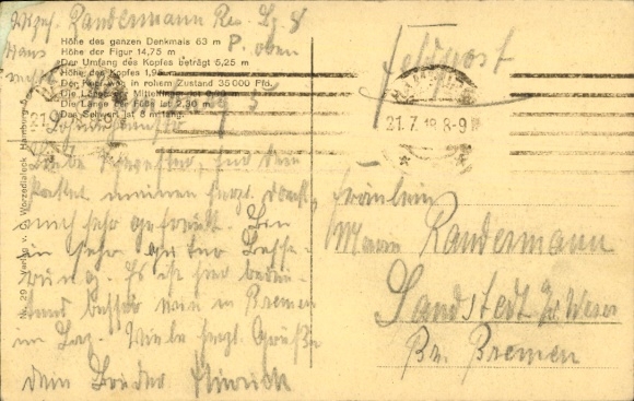 Postcard Hamburg Mitte St. Georg, Kirchenallee, Bismarck Memorial, tall statue, surrounded by trees