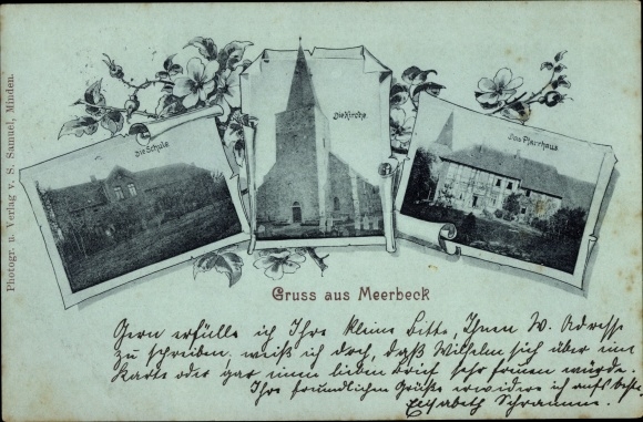 Postcard Meerbeck in Schaumburg?, school, church, vicarage
