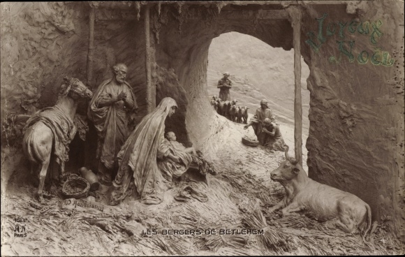 Postcard Plastic by Domenico Mastroianni, Nativity scene, Holy Family, Les Bergers de Betlehem