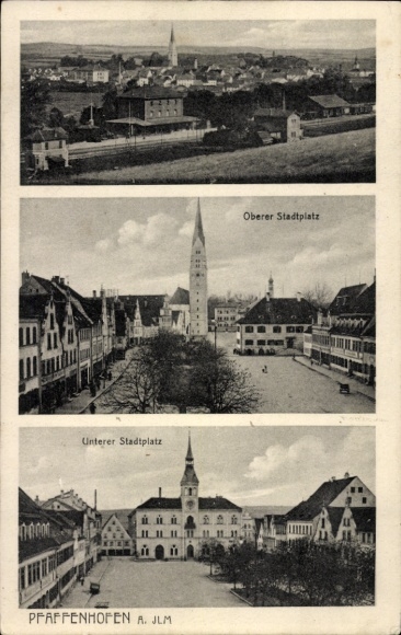 Ak Pfaffenhofen an der Ilm Oberbayern, Bahnhof, Oberer und unterer Stadtplatz, Gesamtansicht