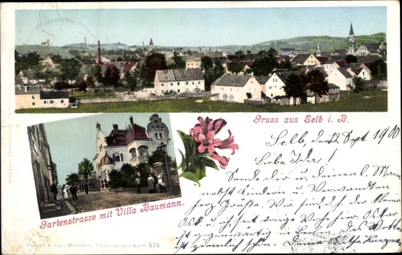 Ak Selb in het Fichtelgebirge Opper-Franken, algemeen beeld, tuinstraat, Villa Baumann