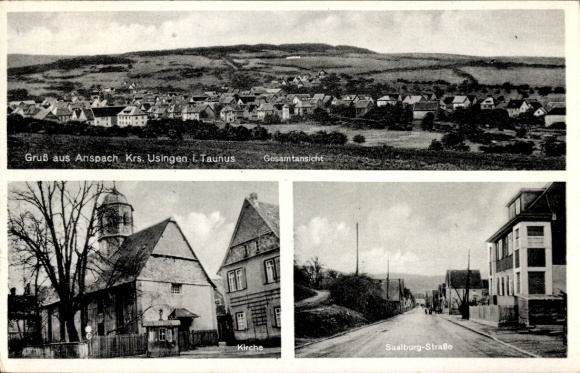 Postcard Neu Anspach im Taunus, total view, church, Saalburg-Straße