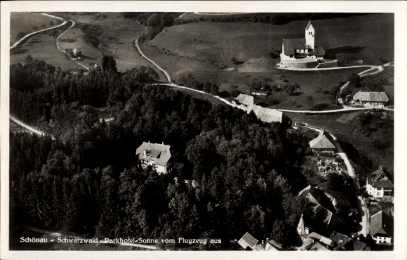 Postcard Schönau bad. Black Forest, aerial photograph, Parkhotel Sonne