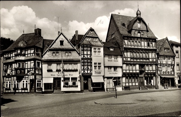 Postcard Adenau in the Eifel, market square, half-timbered houses, wine opirituen, hairdresser