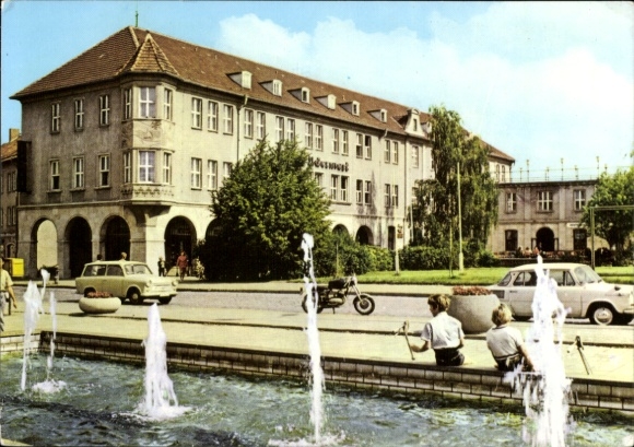 Postcard Prenzlau in the Uckermark, Hotel Uckermark, fountains, cars, people, beautiful architecture