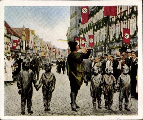 Verzamelaarsfoto De naoorlogse periode 224, oktober 1933, oude volksgebruiken komen tot leven, rattenvanger van Hamelen