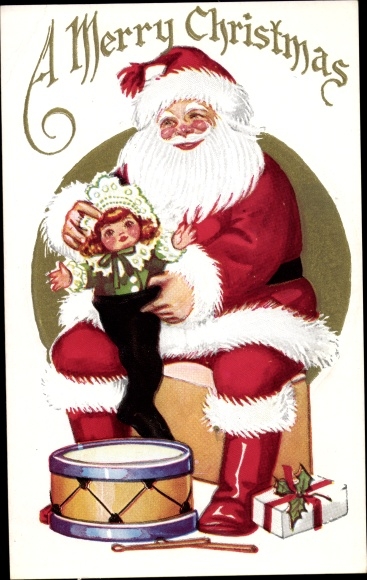Ak Gefeliciteerd Kerstmis, de kerstman vult kous met pop, trommel, cadeau