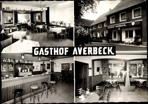 Postcard Ostenfelde Ennigerloh, Gasthof Averbeck, interiors, bar, exterior view