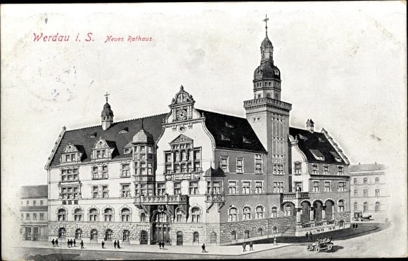 Postcard Werdau in Saxony, New Town Hall, street section