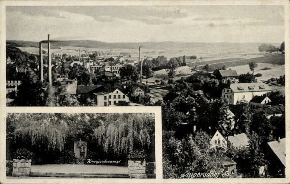 Postcard Saupersdorf Kirchberg in Saxony, general view, war memorial