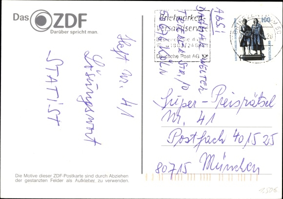 Postcard Mainzelmännchen, ZDF, class television, sticker