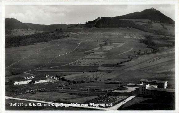 Postcard Owen unter Teck Württemberg, gliding site, Teck Castle, aerial photograph