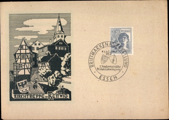 PC Kettwig Essen in the Ruhr area, church steps, coat of arms, stamp exhibition, philatelic conference