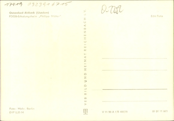 Postcard Ostseebad Ahlbeck Heringsdorf on Usedom, FDGB recreation home Philipp Müller, HO bathing needs