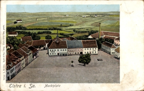 Postcard Elstra in Upper Lusatia Saxony, market square, buildings, rural surroundings, colorful depictions