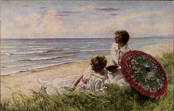 Artist Postcard Fischer, Paul, Two young women on the beach, summer sun