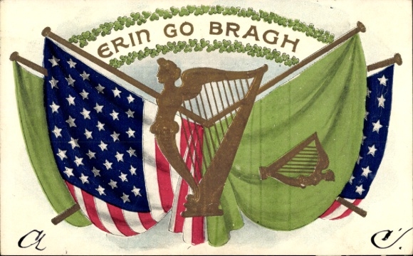 Wytłaczana pocztówka Irlandia, Erin go Bragh, irlandzka harfa, flaga, USA