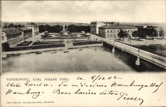 KP Norrköping Szwecja, Karl Johans Torg, ogród, woda,