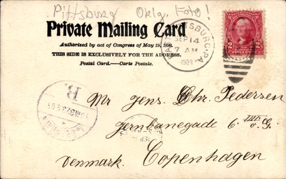 Ak Pittsburg Kansas USA, industriële installatie, rookwolken, spoorrails, tekst in het Deens