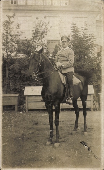 Photo Postcard Berlin Steglitz Lankwitz, German soldier in uniform, horse, 5th Esk., I WK