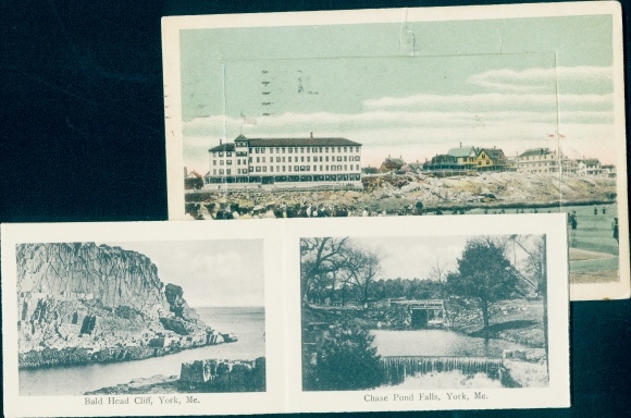 Leporello Postcard York Beach Maine, Nubble Lighthouse, Union Bluff, Chase Pond Falls