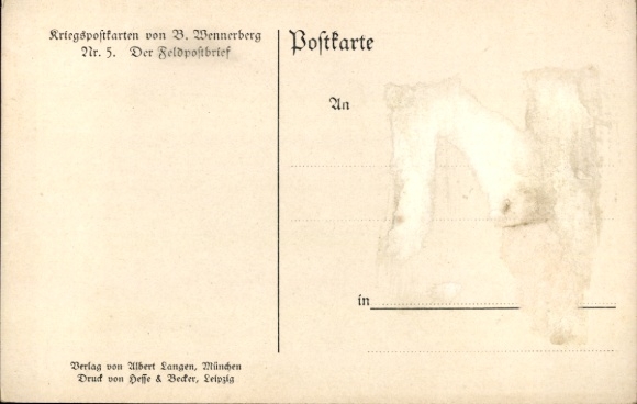 Kunstenaarsbriefkaart Wennerberg, Bruno, de veldpostbrief, vrouw, postbode