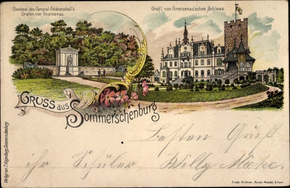 Chromo-Litho Sommerschenburg Sommersdorf Saxony Anhalt, General von Gneisenau monument, castle