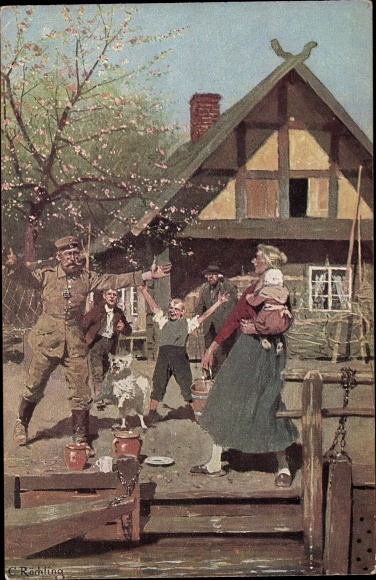 Artist PC Röchling, C., home leave, soldier returns home to his family, Red Cross
