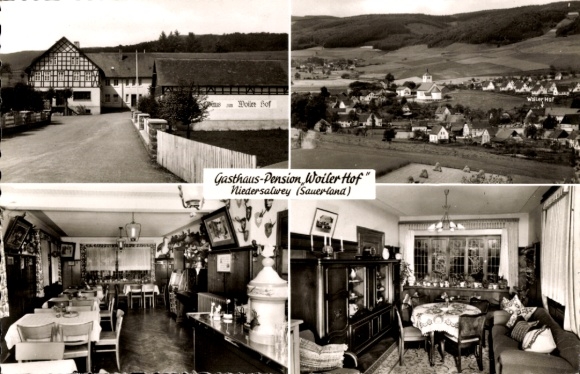 Postcard Niedersalwey Eslohe in Sauerland, Gasthaus-Pension Woiler Hof, half-timbered house, panorama
