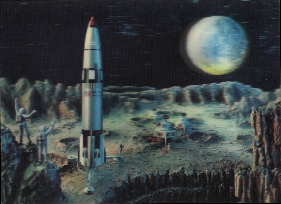 3 D Postcard moon landing, astronauts, earth, rocket, space travel