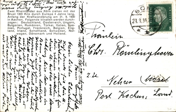 Postcard Rhenish strength athletes with house on wheels, travelers, Wichterich family from Cologne