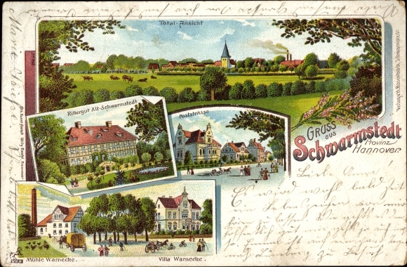 Chromo-Litho Schwarmstedt in the Heidekreis, manor, Poststrasse, Villa Warnecke, mill
